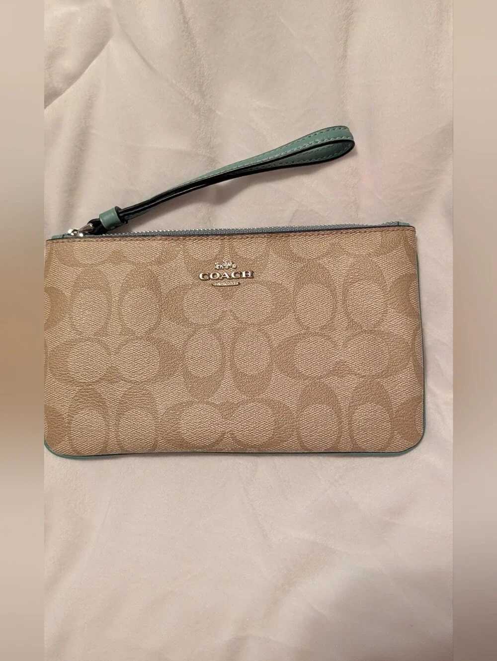 Large Corner Zip Wristlet Signature Canvas Khaki Blue VGC